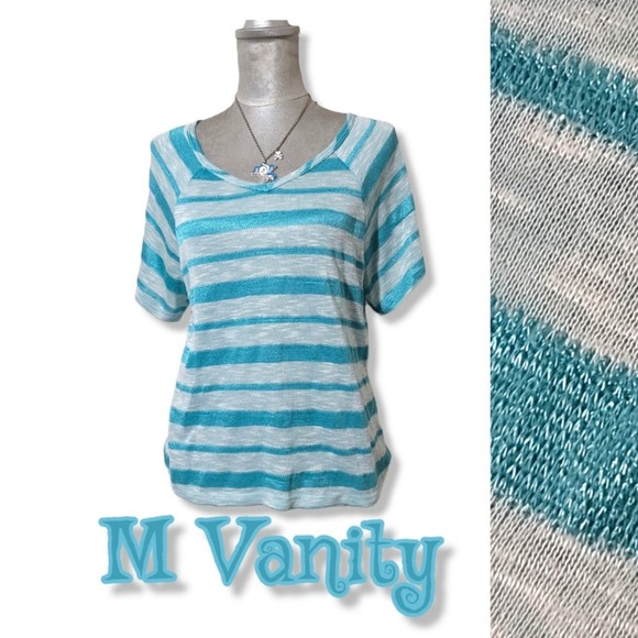 y2k Vanity striped v neck short sleeve tee shiny blue top m - Picture 1 of 11